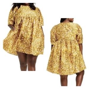 Kika Vargas x Target Floral Babydoll Dress 3X Yellow Puff Sleeve Pockets NWT